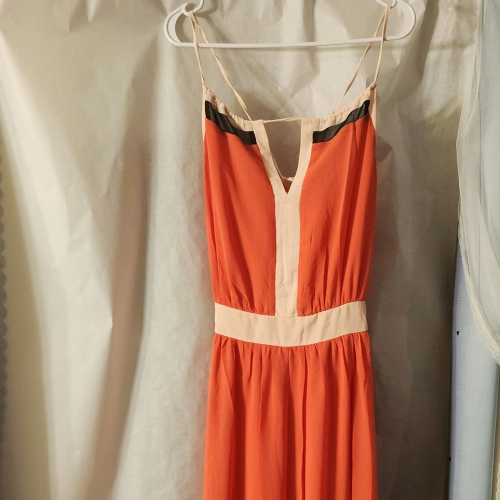 NWT Lucy Paris Deep Coral Maxi Dress with adjustable straps and elastic waist.
